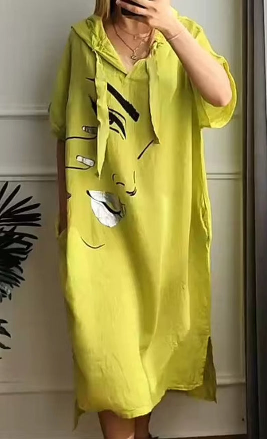 City Breeze: Urban V-Neck Hooded Summer Dress with Pockets