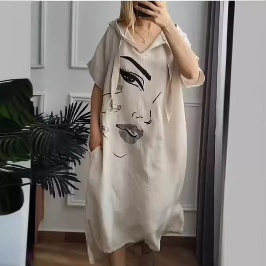 City Breeze: Urban V-Neck Hooded Summer Dress with Pockets