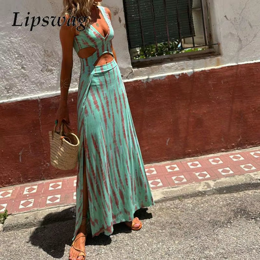 Elegant Sleeveless Split Long Dress for Women – High Waist, Hollow Out, Printed Party & Vacation Dress
