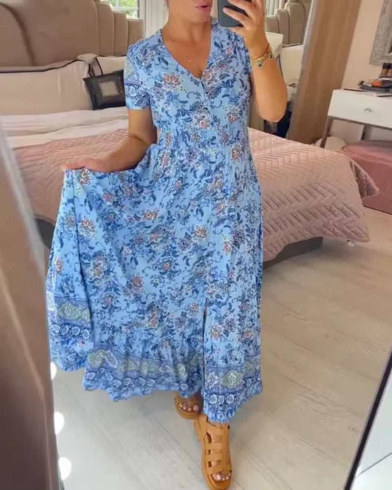 Florafemme™ 2024 Elegant Floral Split Maxi Dress – Summer Print, Flowing Silhouette, Effortlessly Feminine Style
