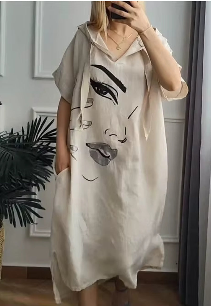 City Breeze: Urban V-Neck Hooded Summer Dress with Pockets