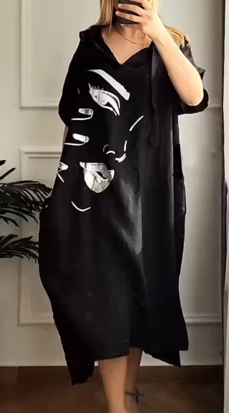 City Breeze: Urban V-Neck Hooded Summer Dress with Pockets
